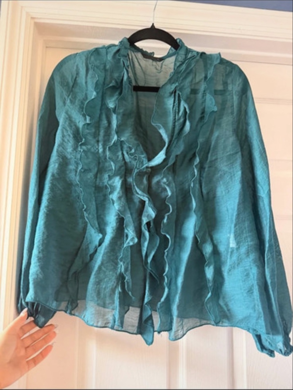 Zara Teal Ruffle-Front Blouse